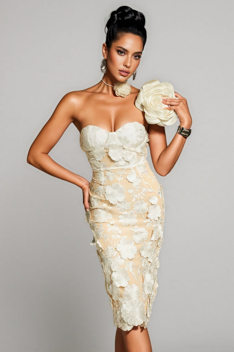 Lux Strapless Flower Embroidered Midi Dress