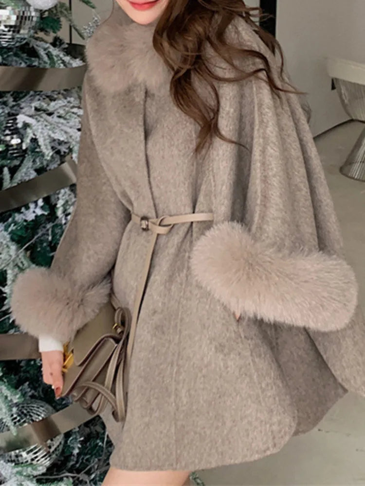 High End Double Sided Cashmere Fox Cloak Shawl Woolen Warm Coat
