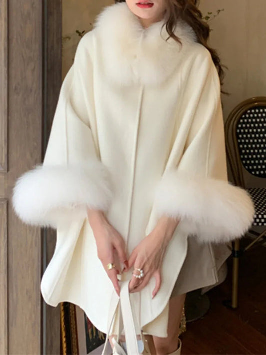 High End Double Sided Cashmere Fox Cloak Shawl Woolen Warm Coat