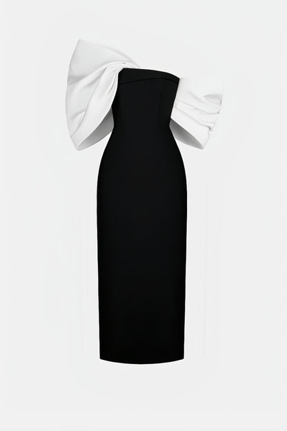 Delilah Bow Off-shoulder Asymmetrical Midi Dress