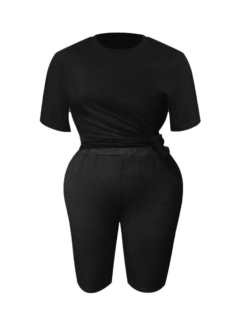 Basic Summer ��s Suit Short Sleeve Top and Pants Color Sportswear Slim Two-piece Outfit