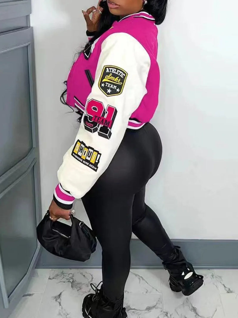 Letter Print Patchwork Varsity Jacket Appliques Round Neck Regular Fit Y2k Style Fall Coat