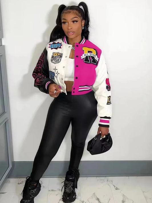 Letter Print Patchwork Varsity Jacket Appliques Round Neck Regular Fit Y2k Style Fall Coat
