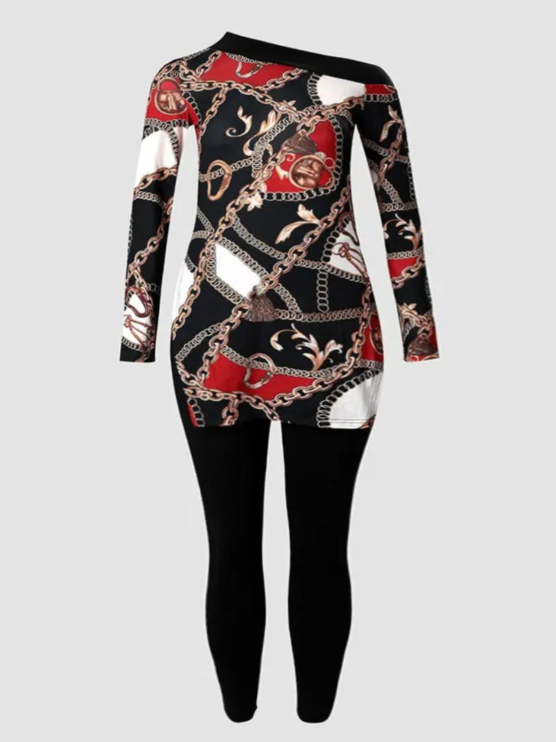 Chain Print Side Split Pants Set for Bateau Neck Long Sleeve Two Pieces Matching Suits Outfit