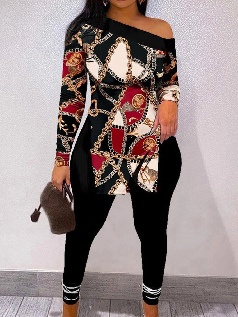 Chain Print Side Split Pants Set for Bateau Neck Long Sleeve Two Pieces Matching Suits Outfit