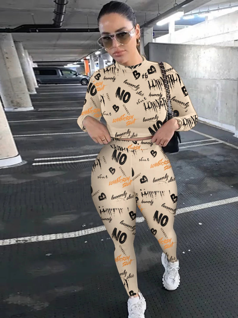Crop Top Letter Print Skinny Pants Set High Elasticity Round Neck Autumn Winter Two Pieces Matching Suits Outfit