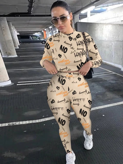 Crop Top Letter Print Skinny Pants Set High Elasticity Round Neck Autumn Winter Two Pieces Matching Suits Outfit
