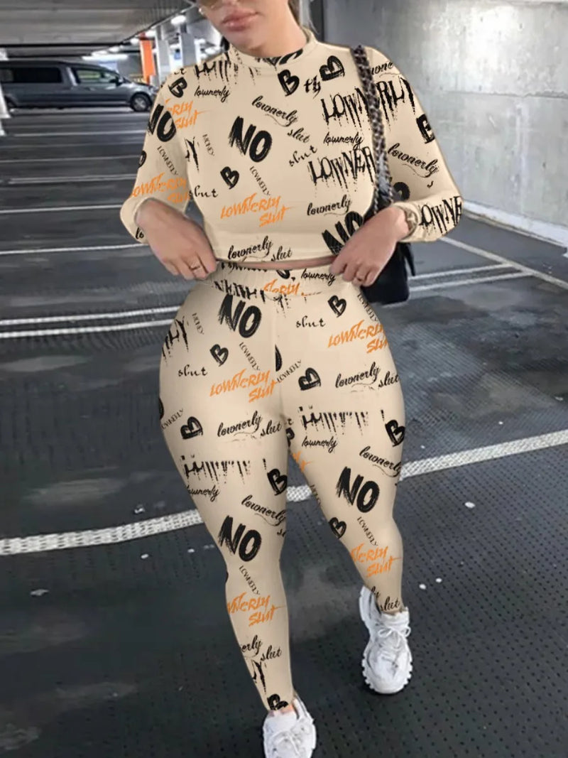 Crop Top Letter Print Skinny Pants Set High Elasticity Round Neck Autumn Winter Two Pieces Matching Suits Outfit