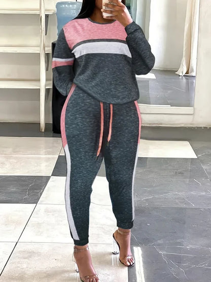 Drawstring Color Lump Pants Set Mixed Print Round Neck Long Sleeve Tracksuits Two Pieces Outfits