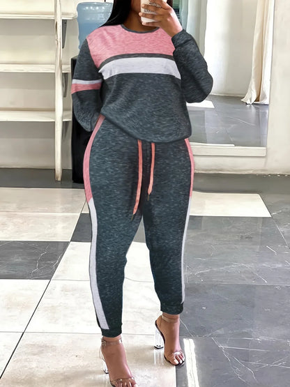 Drawstring Color Lump Pants Set Mixed Print Round Neck Long Sleeve Tracksuits Two Pieces Outfits