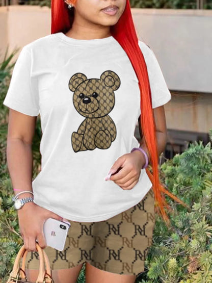 Geometric Bear Print Shorts Set O Neck Short Sleeve T-shirt Mixed Print Hipster Bottoms 2pcs /