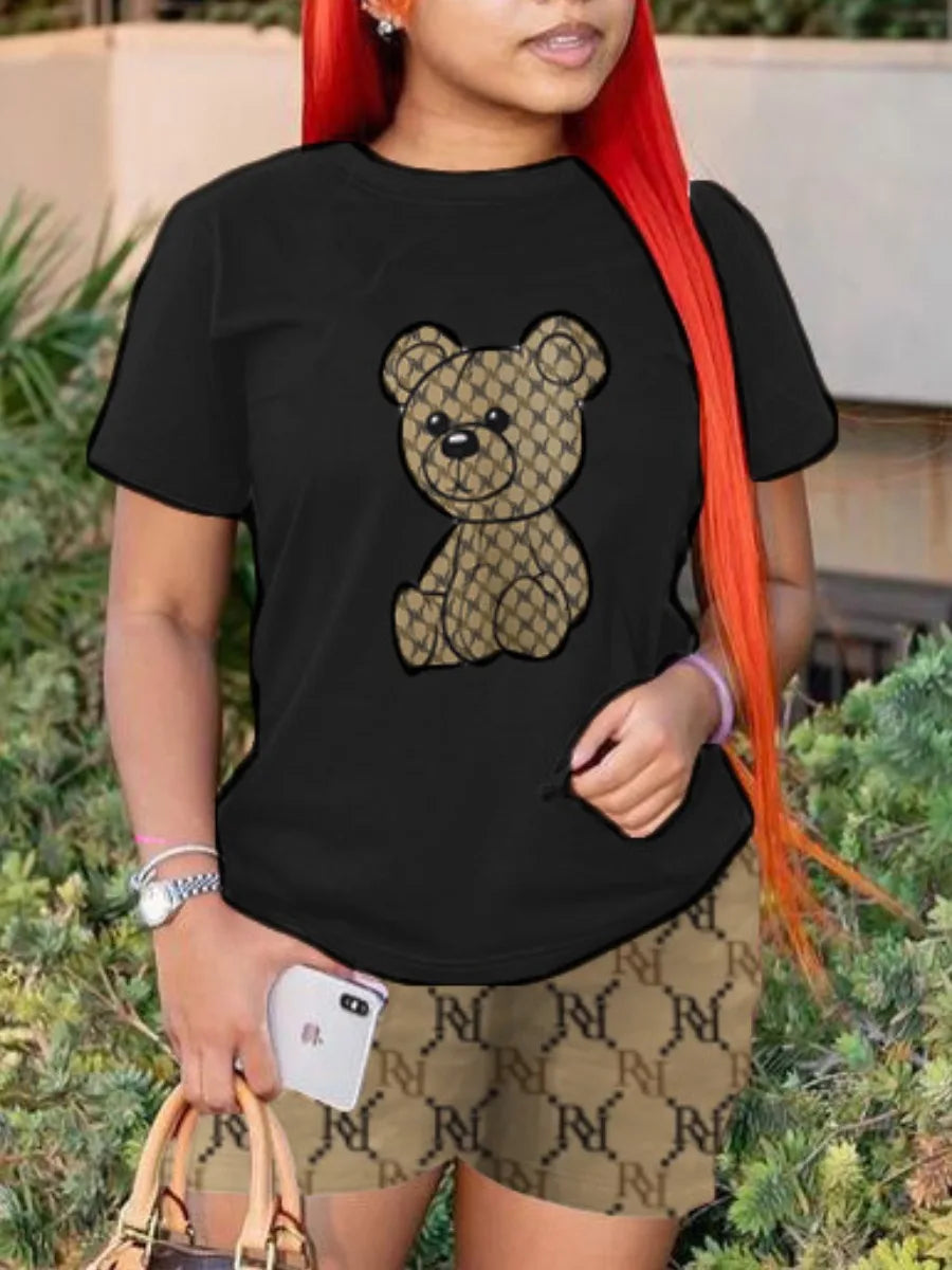 Geometric Bear Print Shorts Set O Neck Short Sleeve T-shirt Mixed Print Hipster Bottoms 2pcs /