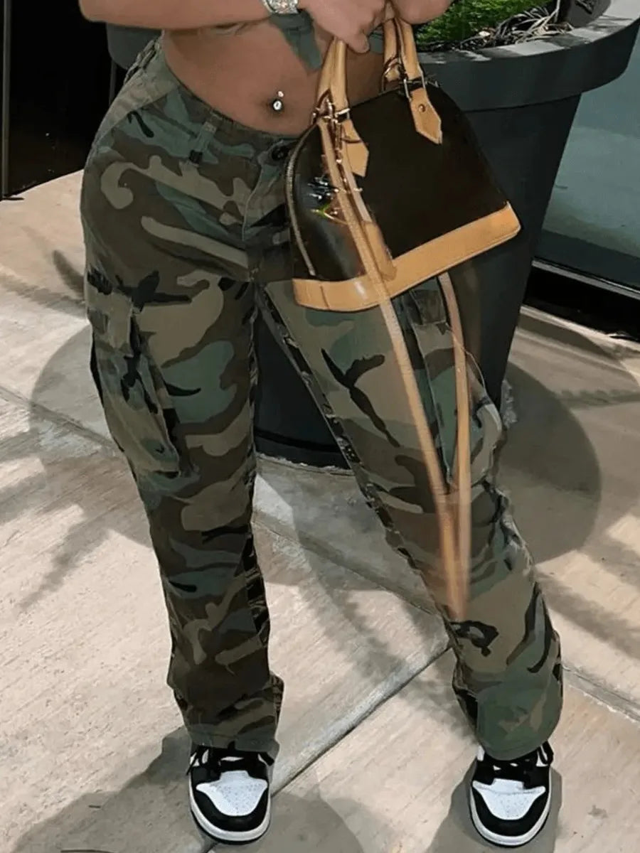 High Waist Camo Multicolor Cargo Pants Xs-5xl Street Side Pocket Camouflage Streetwears Straight Lady Trousers