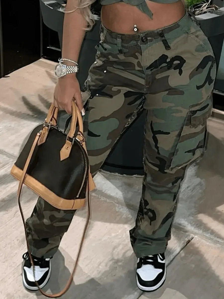 High Waist Camo Multicolor Cargo Pants Xs-5xl Street Side Pocket Camouflage Streetwears Straight Lady Trousers