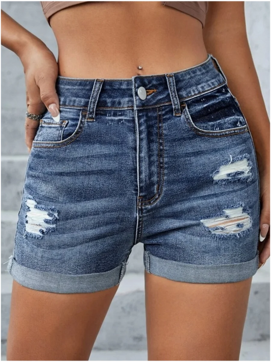High Waist Ripped Pocket Design Skinny Stretchy Denim Shorts Cuffed Hem Hot Jean Pants