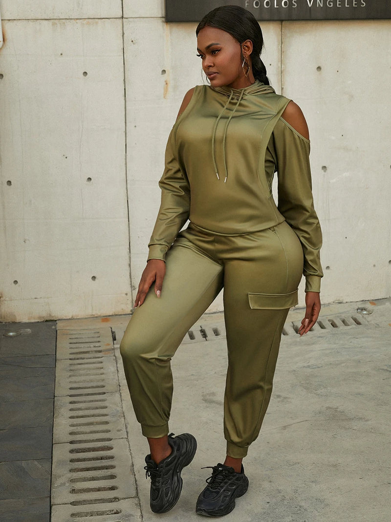Hooded Collar Cut Out Side Pocket Tracksuit Set Autumn Winter Round Neck Long Sleeve Two Pieces Pants Sets for