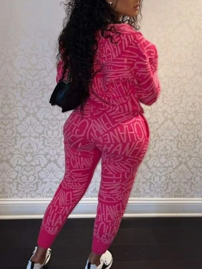 Hooded Collar Letter Print Pants Set Long Sleeve Crop Top Drawstring Trousers Two Piece for