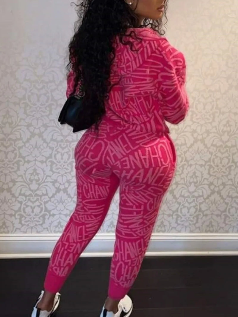 Hooded Collar Letter Print Pants Set Long Sleeve Crop Top Drawstring Trousers Two Piece for