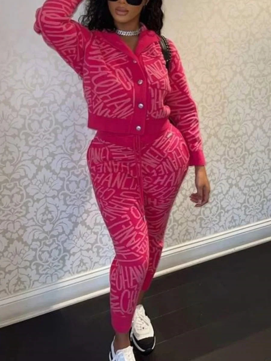 Hooded Collar Letter Print Pants Set Long Sleeve Crop Top Drawstring Trousers Two Piece for