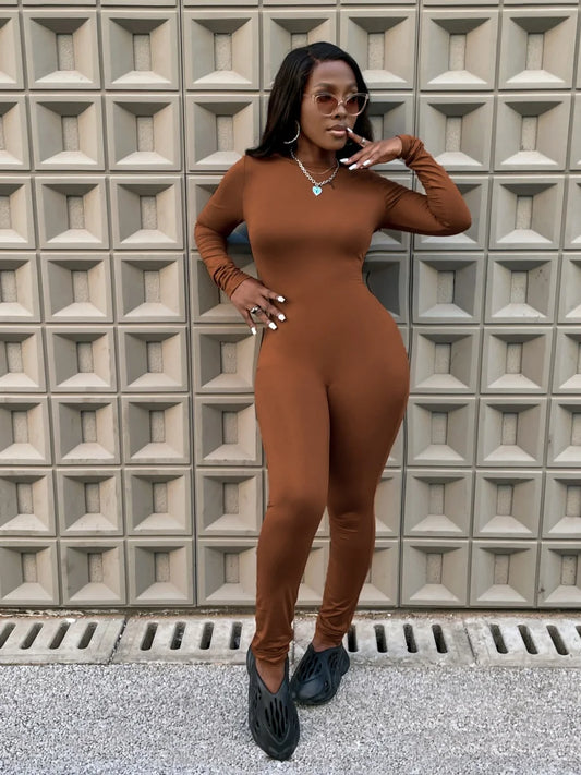 Jumpsuit Round Neck Skinny Basic Sheath Body-shaping Stretchy Simple Bodysuits Long Sleeve Rompers – ’s Round Neck Skinny Sheath Jumpsuit