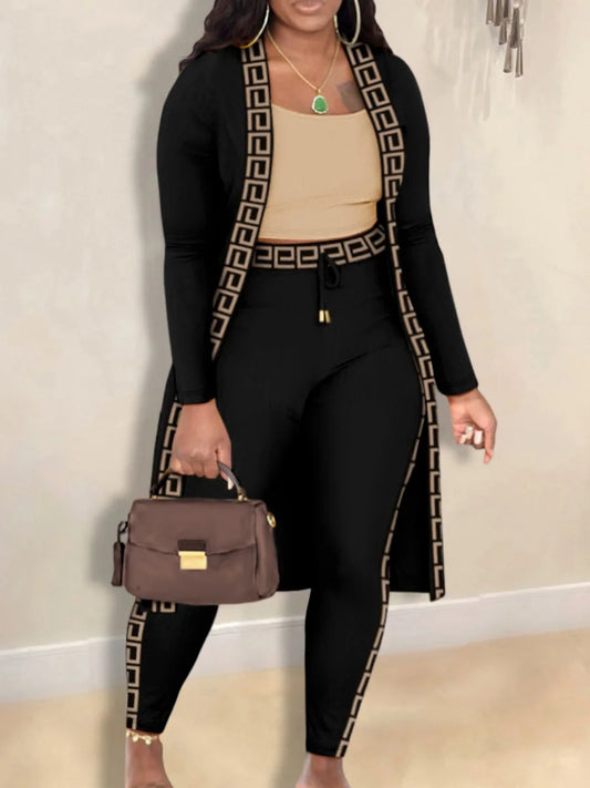 Autumn Winter 2 Piece Sets Outfit Cami Pattern U Neck Long Sleeve Drawstring Three Piece Skinny Pants Set