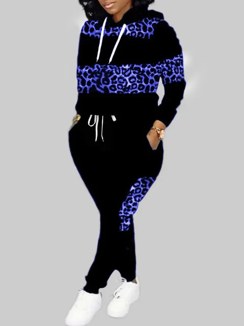 Autumn Long Sleeves Two Pieces Hooded Collar Leopard Print Tracksuit Set Sweatshirts Pullover Hoodies Pant