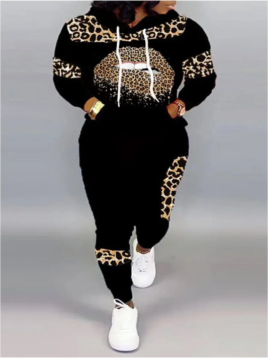 Autumn Long Sleeves Two Pieces Hooded Collar Leopard Print Tracksuit Set Sweatshirts Pullover Hoodies Pant