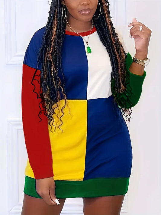 Color Lump Patchwork Dress Long Sleeve Round Neck Drop Shoulder Autumn Winter Straight Mini Dresses
