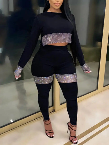 Crop Top See Through Sequined Pants Set Long Sleeve Two-pieces Autumn Round Neck Crop Top Pant