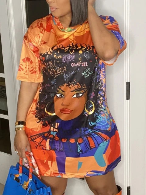 Figure Street Letter Print Patchwork Blue Knee Length Dress Oversized T-shirt Summer Y2k Outfit Boyfriend Tee