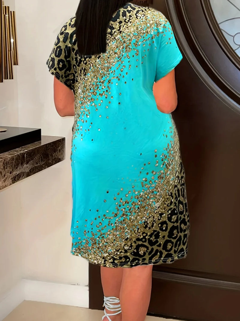Imitation Denim V Neck Pocket Design ’s T-shirt Dress – Summer Loose Vestidos