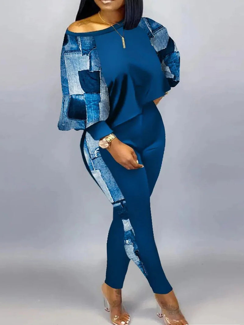 Lantern Sleeve Gradient Print Skinny Pants Set Autumn Winter High Elasticity 2pc Tracksuits Outfits