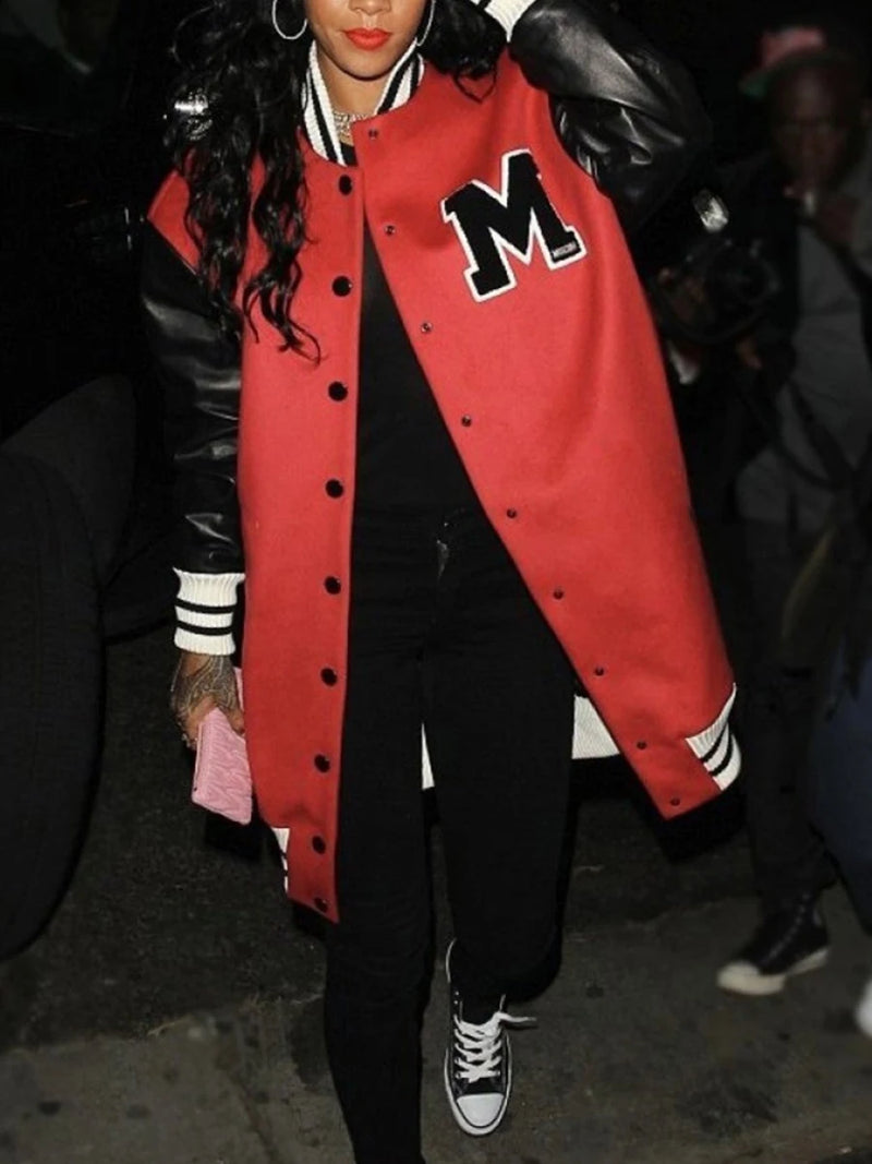 Striped Patchwork Coat Preppy Style Autumn Varsity Crop Tops Classic Embroidery Sporty Fall Jacket