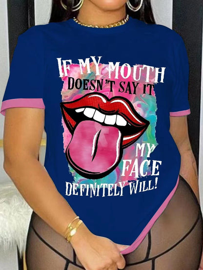 Lip Letter Print T-shirt Summer Short Sleeve ’s Top