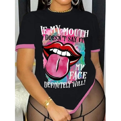 Lip Letter Print T-shirt Summer Short Sleeve ’s Top