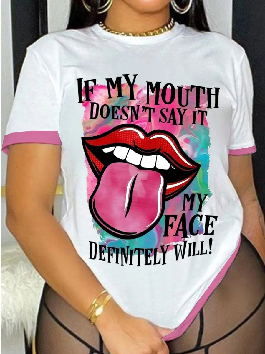 Lip Letter Print T-shirt Summer Short Sleeve ’s Top