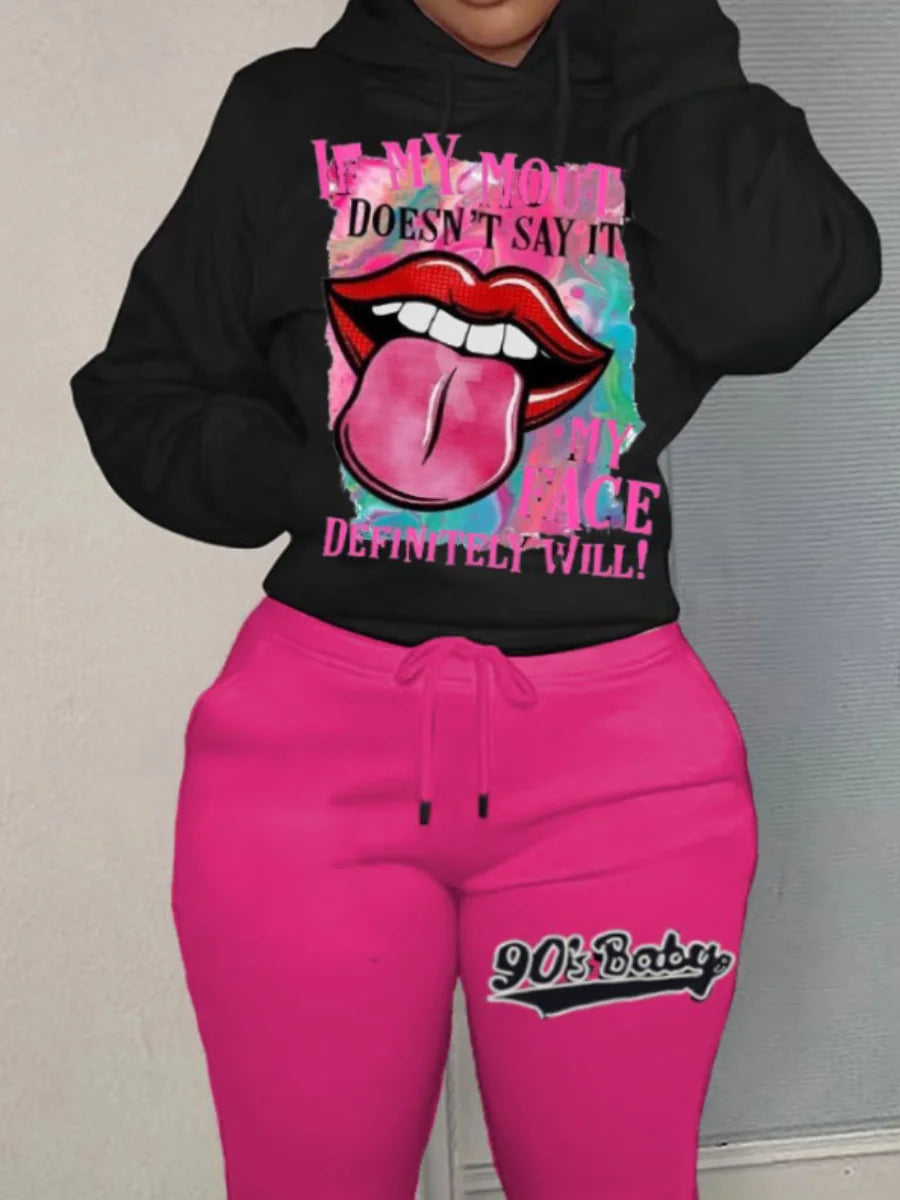 Lips Letter Print Kangaroo Pocket Tracksuit Autumn Winter Long Sleeve Hoodies