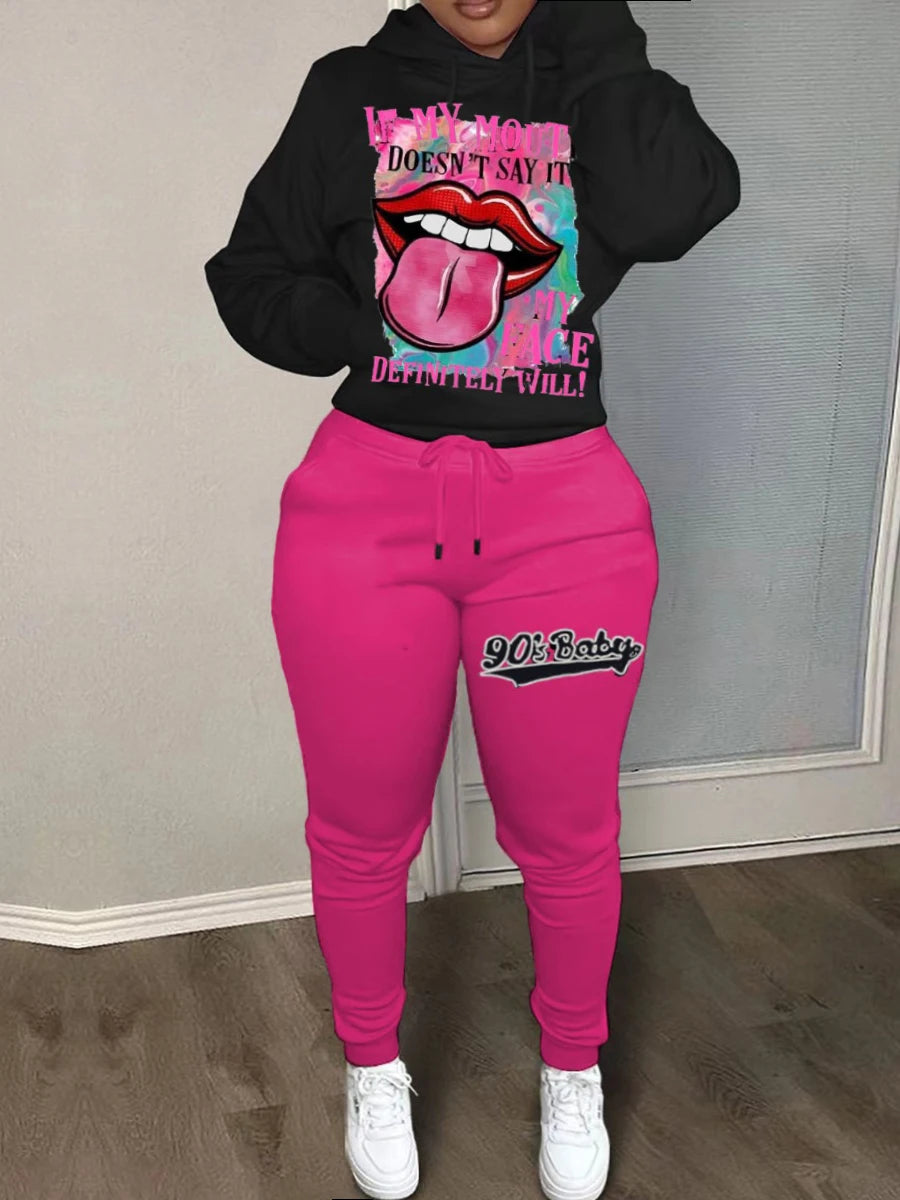 Lips Letter Print Kangaroo Pocket Tracksuit Autumn Winter Long Sleeve Hoodies