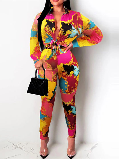 Mixed Print Regular Fit Pants Set New Long Sleeve Shirt Causal Loose Slim Long Trouser Two Pieces