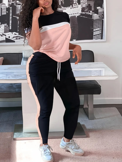 Patchwork Drawstring Pants Set Color Block Skinny Short Sleeve Trousers Two Pieces Matching Suits Outfit
