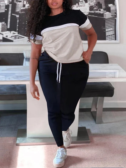 Patchwork Drawstring Pants Set Color Block Skinny Short Sleeve Trousers Two Pieces Matching Suits Outfit