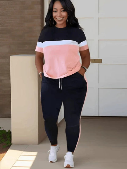 Patchwork Drawstring Pants Set Color Block Skinny Short Sleeve Trousers Two Pieces Matching Suits Outfit
