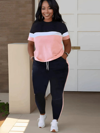 Patchwork Drawstring Pants Set Color Block Skinny Short Sleeve Trousers Two Pieces Matching Suits Outfit