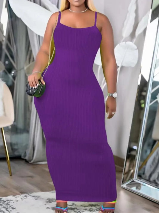 Rib Knit Bodycon Cami Dress Spaghetti Strap Purple Long Dress Sleeveless Skinny Maxi Vestidos – Purple Bodycon Cami Dress