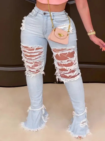 Ripped Flared High Stretchy Straight Pants Wide Leg Summer Jeans