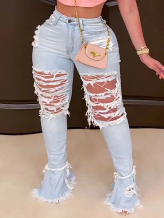 Ripped Flared High Stretchy Straight Pants Wide Leg Summer Jeans