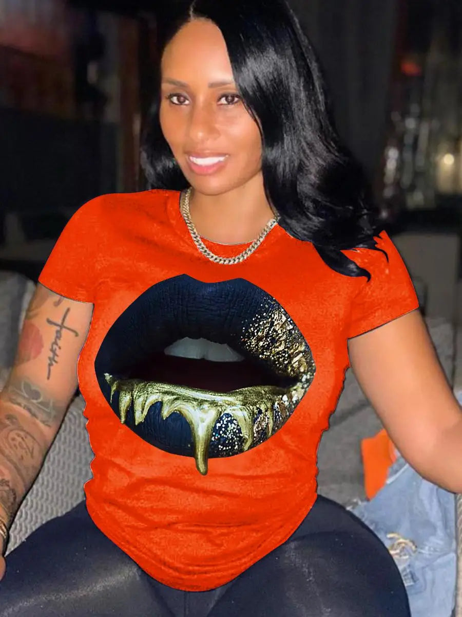 Round Neck Lip Print T-shirt ’s Short-sleeved Basic White T-shirt