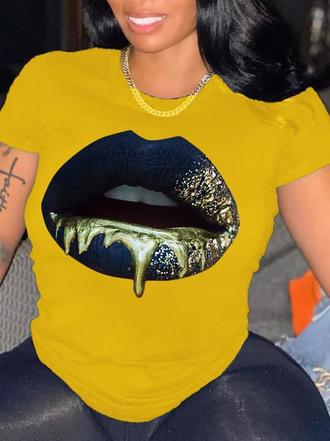 Round Neck Lip Print T-shirt ’s Short-sleeved Basic White T-shirt