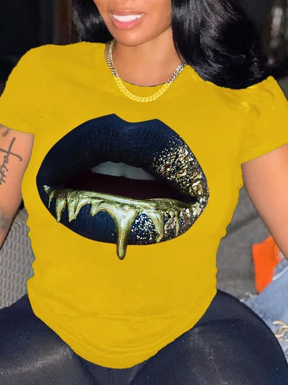 Round Neck Lip Print T-shirt ’s Short-sleeved Basic White T-shirt