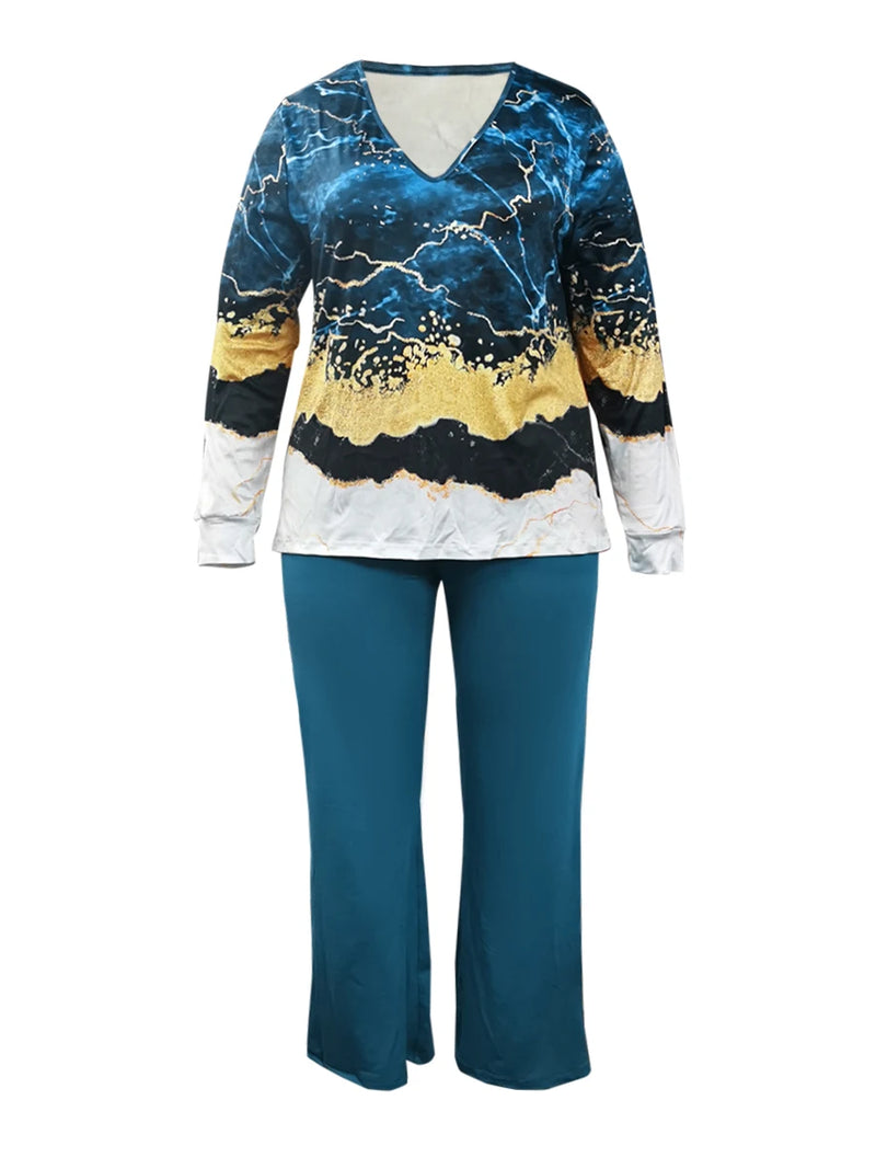 V Neck Mixed Print Side Split Pants Set Long Sleeve Top Loose Two Piece Set Outfit